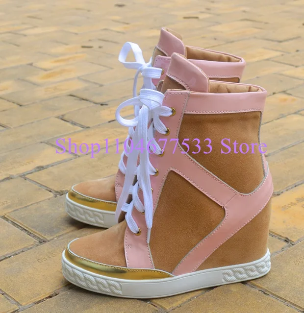 

New Patchwork Lady Platform Ankle Boots Fashion Lace-up 8cm Increasing Wedge Heel Woman Casual Shoes
