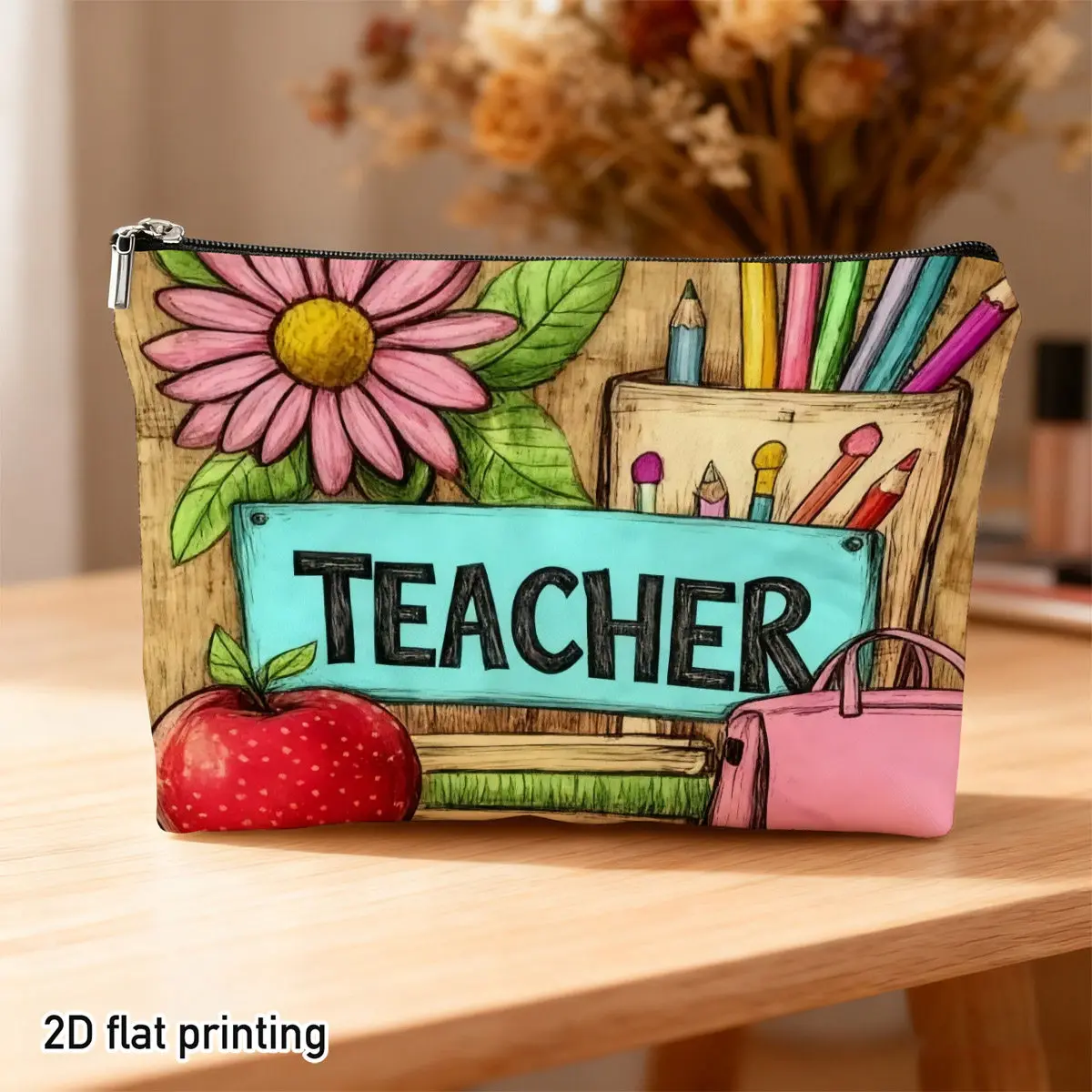 Teacher Apple Pen Makeup Bag Cute Classroom Stationery Themed Design for Storing Daily Cosmetics Traveling with Toiletries