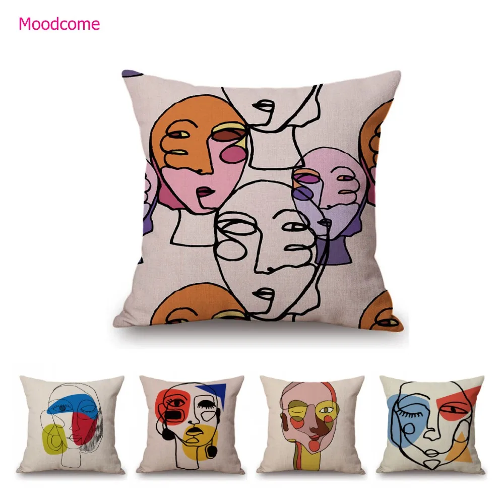 Picasso Abstract Cartoon Face Oil Painting Cotton Linen Home Decorative Sofa Pillow Case World Famous Car Cushion Cover