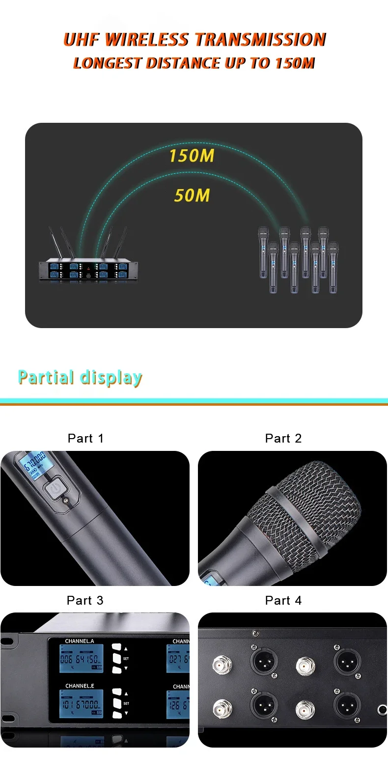 XTUGA 8채널 휴대용 UHF 라발리에 마이크 시스템 교회 예배용 전문 무선 마이크
