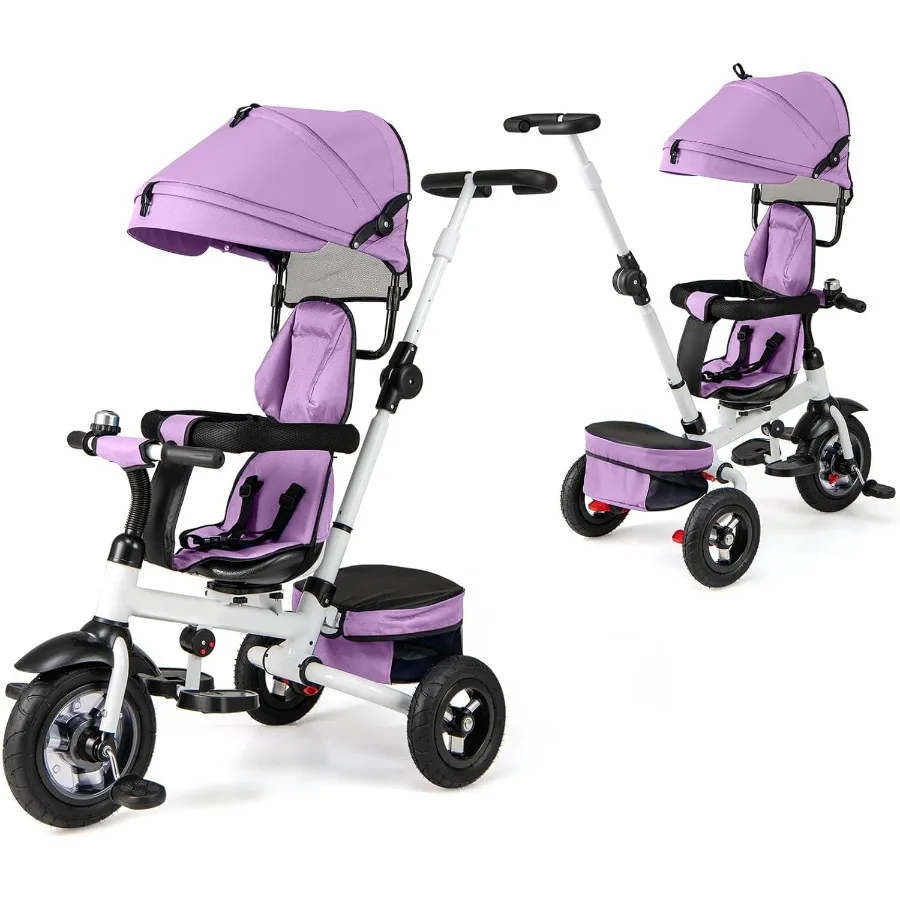 รถสามล้อเด็ก 5 in 1 พร้อมที่จับพับได้ เบาะนั่งหมุนได้ ล้อ EVA หลังคาปรับได้ ตะกร้าเก็บของ และกระดิ่ง