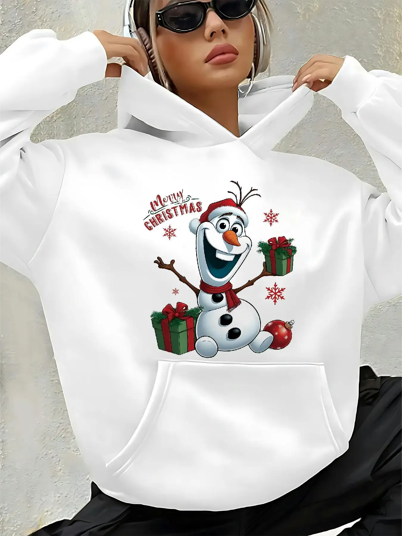 سويت شيرت نسائي من ديزني فروزن أولاف بنمط عيد الميلاد للخريف والشتاء من الصوف بقلنسوة للجنسين ملابس خروج كبيرة الحجم فضفاضة غير رسمية