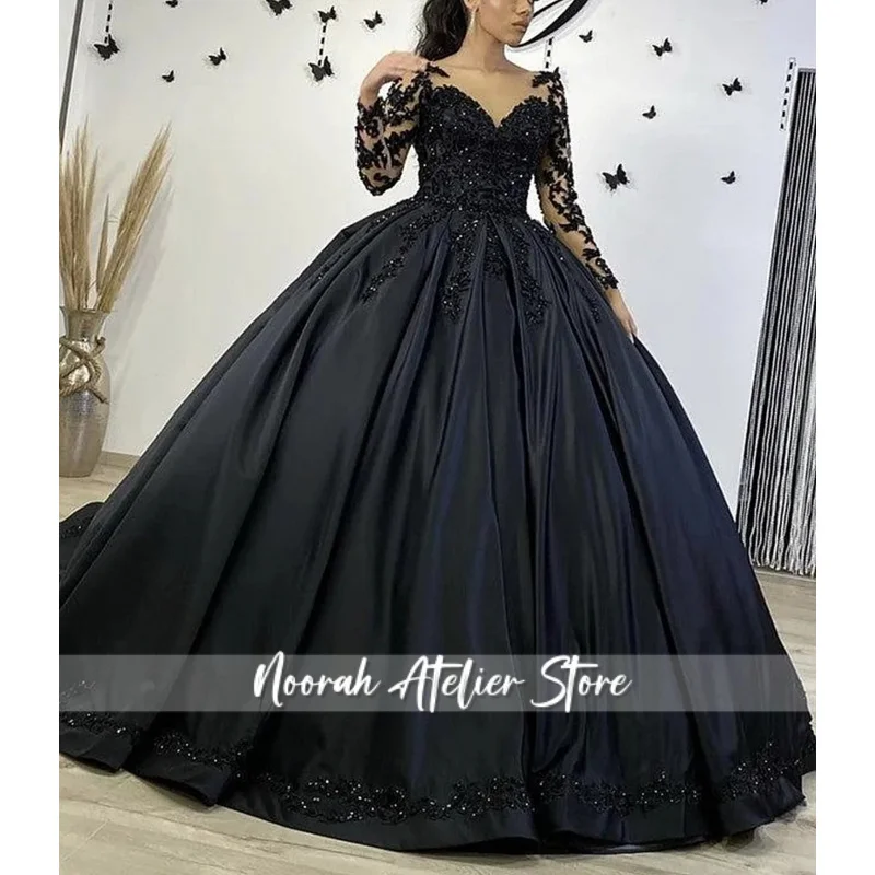 Vestido de novia gótico negro, vestidos de novia con Apliques de encaje, mangas largas con cuentas, vestido de novia de satén transparente con cuello en V, corsé trasero Vintage Pl