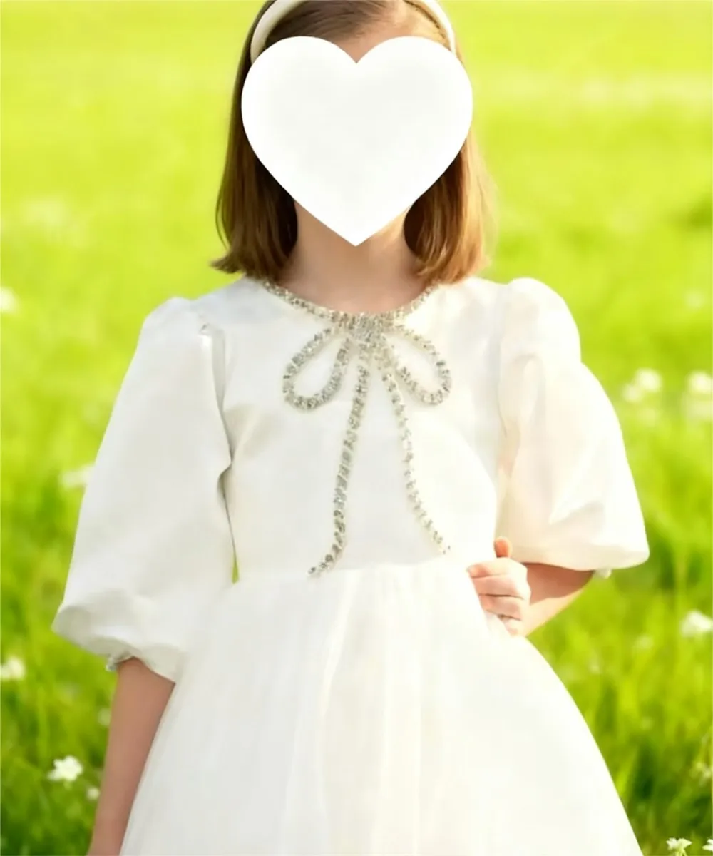 

Bow Puff Sleeves White Gown Flower Girl Dress for Wedding Ceremony Party Dress Holiday Celebration Communion Gown Customized