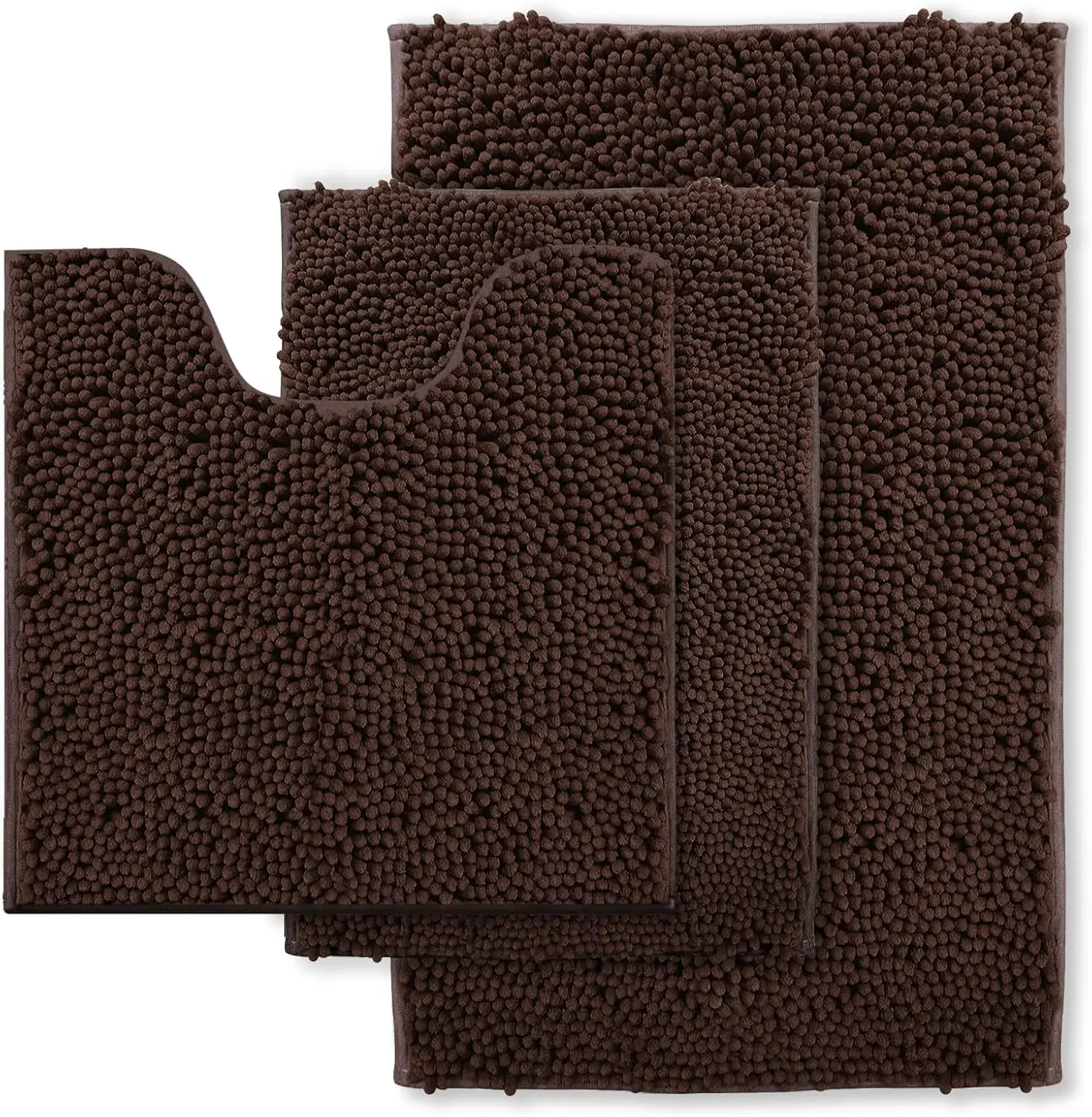 

Luxury Chenille Bath Rug Set, 3-Piece Soft Absorbent Shaggy Mat, Machine Washable Non-Slip for Tub Shower Brown