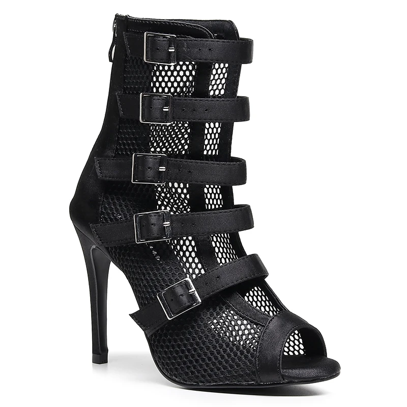 

Woman Black Silk Latin Dance Booties Women Open Toe Strap Stiletto Bootie for Girls Suede Sole High Heel Dance Shoes