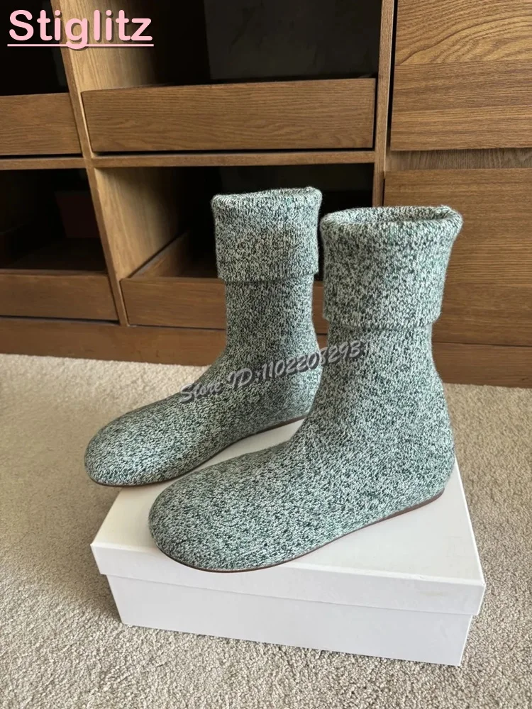 محبوك جولة تو شقة تمتد الأحذية الصلبة الانزلاق على منتصف العجل الجوارب الأحذية 2025 الخريف جديد أزياء المرأة أحذية دافئة نمط الشارع #5
