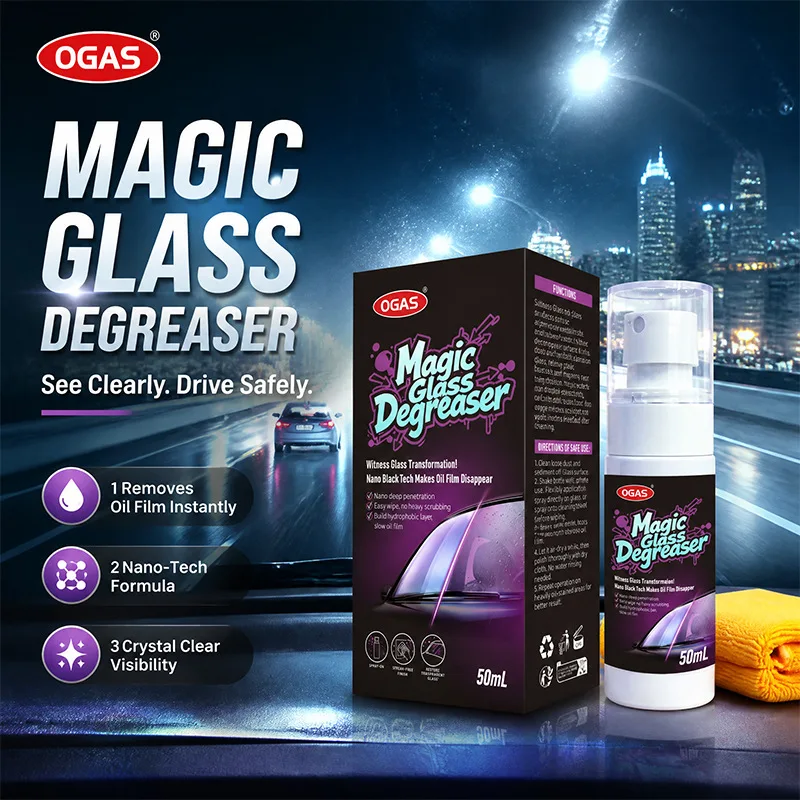 OGAS Magic Glass Degreaser Spray 50ml, Nano Tech Car Windshield Oil Film Remover Build Hydrophobic Layer Safe for All Auto Glass