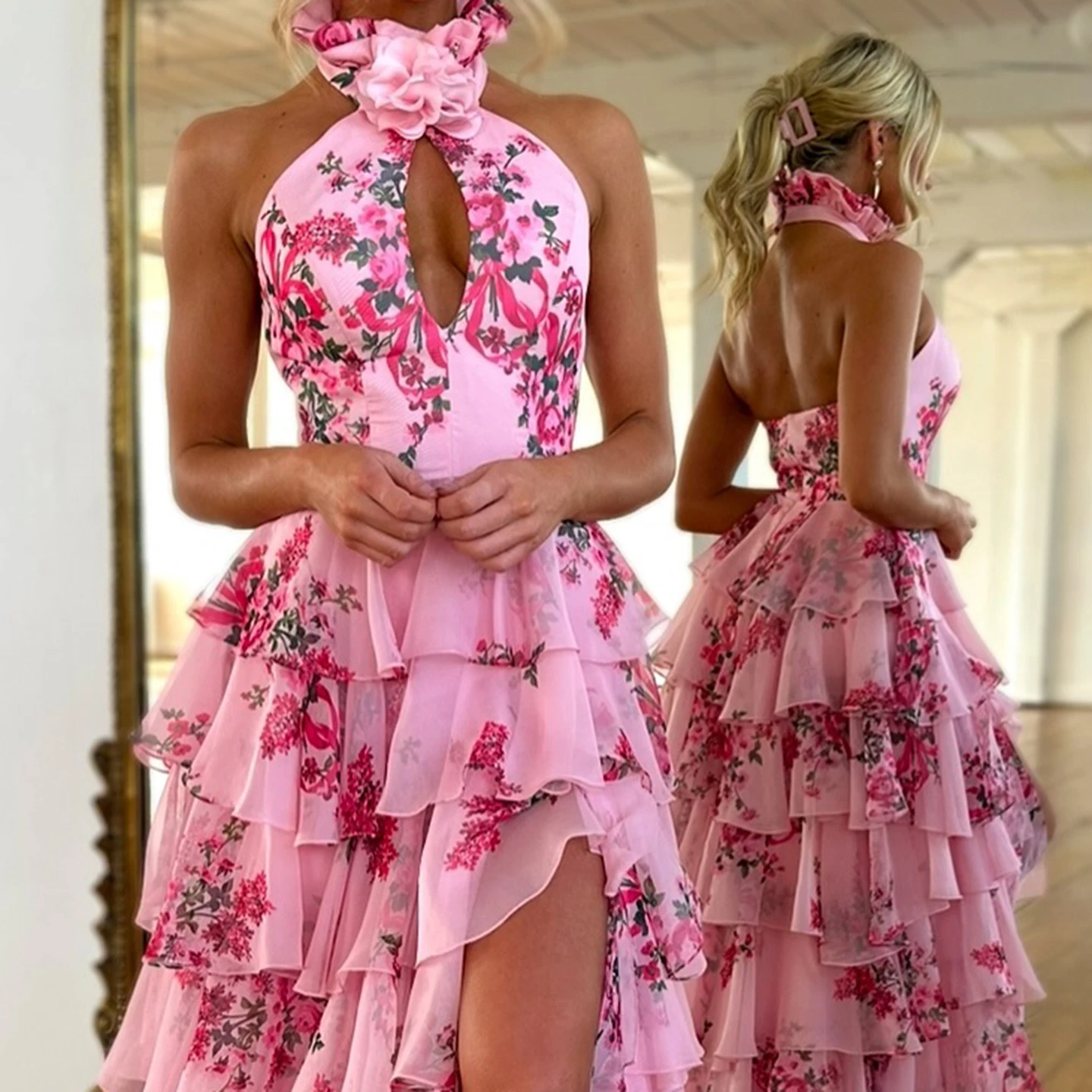 Sharon disse pastrol rosa floral impressão halter babados vestidos de baile com fenda vestidos de noite para noite especial sh358 personalizado