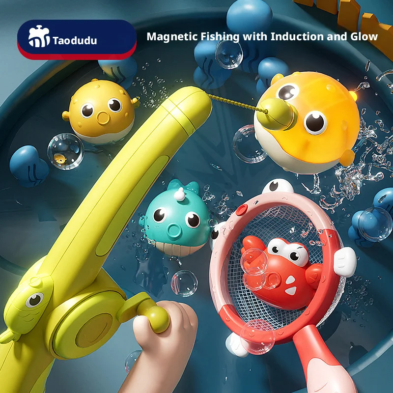 Juguetes magnéticos de pesca para bebés, ballenas nadadoras de cuerda para bañera, juego de pesca para bañera con caña de pescar y red para niños