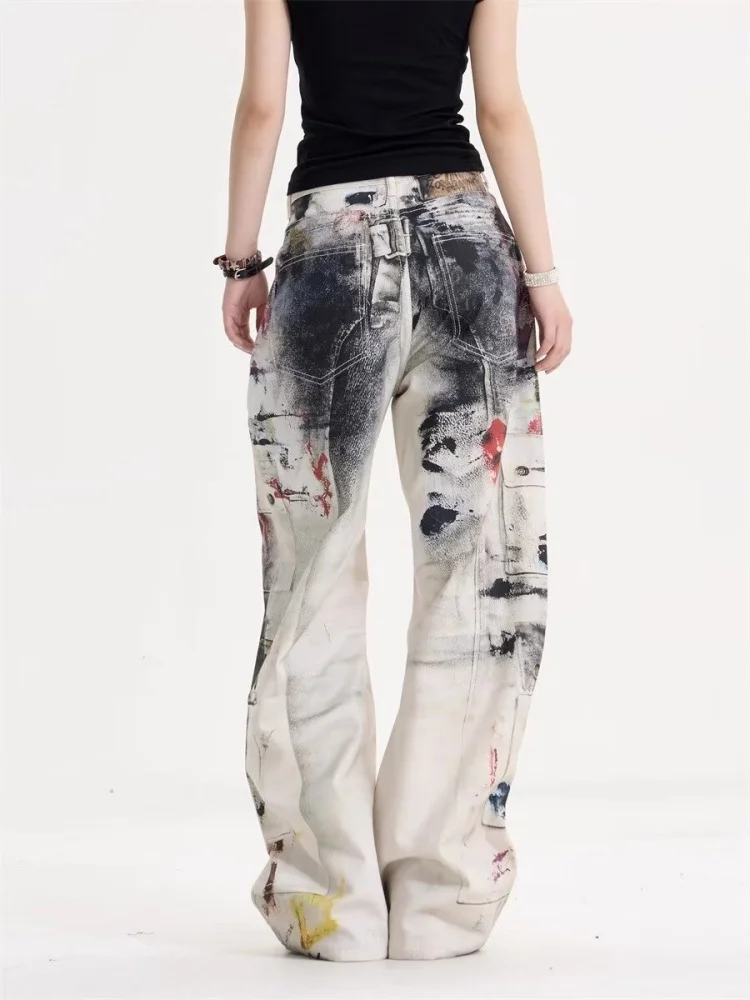 Spodnie jeansowe damskie w stylu punk Y2K z 2025 roku, z grafiką graffiti, vintage, luźne, szerokie nogawki, streetwear, gotyckie, długie spodnie.