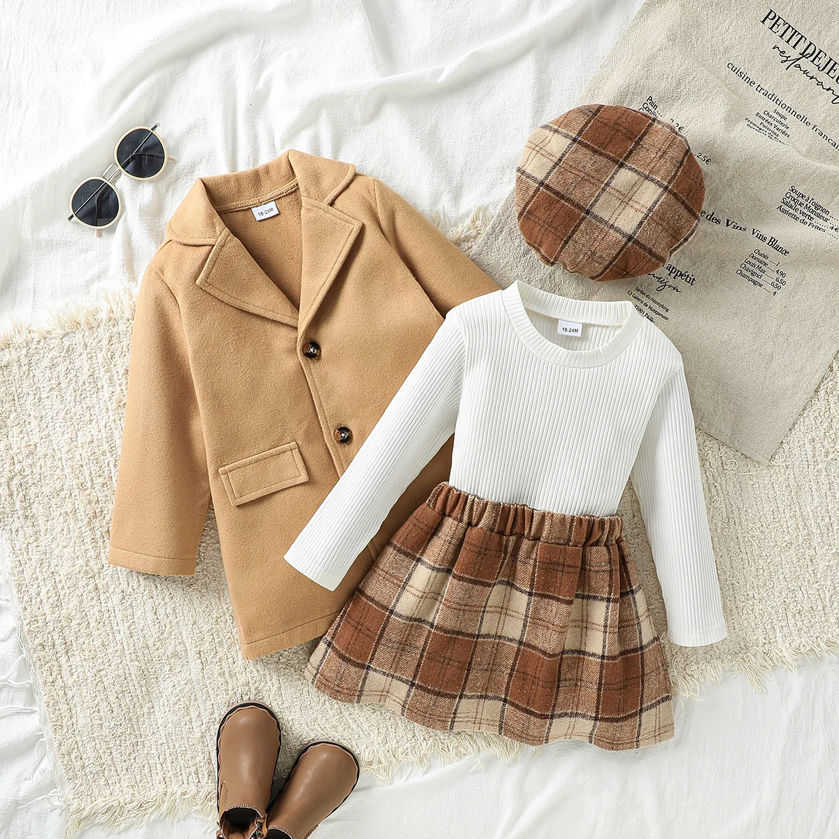 Kids 4Pcs Long Sleeve Wool Coat +Solid Tops+ Plaid Skirt Set Warm Autumn /Winter Children Active Clothing Outfits For 1-6Y +Hat