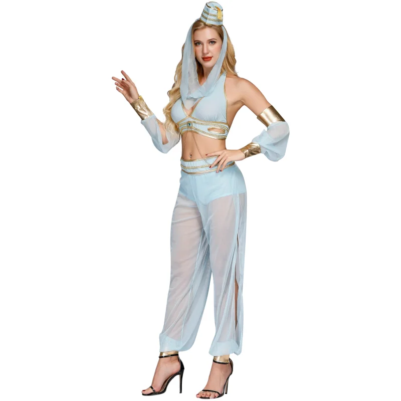 Mystical Genie Costume - Alluring Light Blue and Gold Outfit with Veil and Headpiece for Halloween and Themed Parties