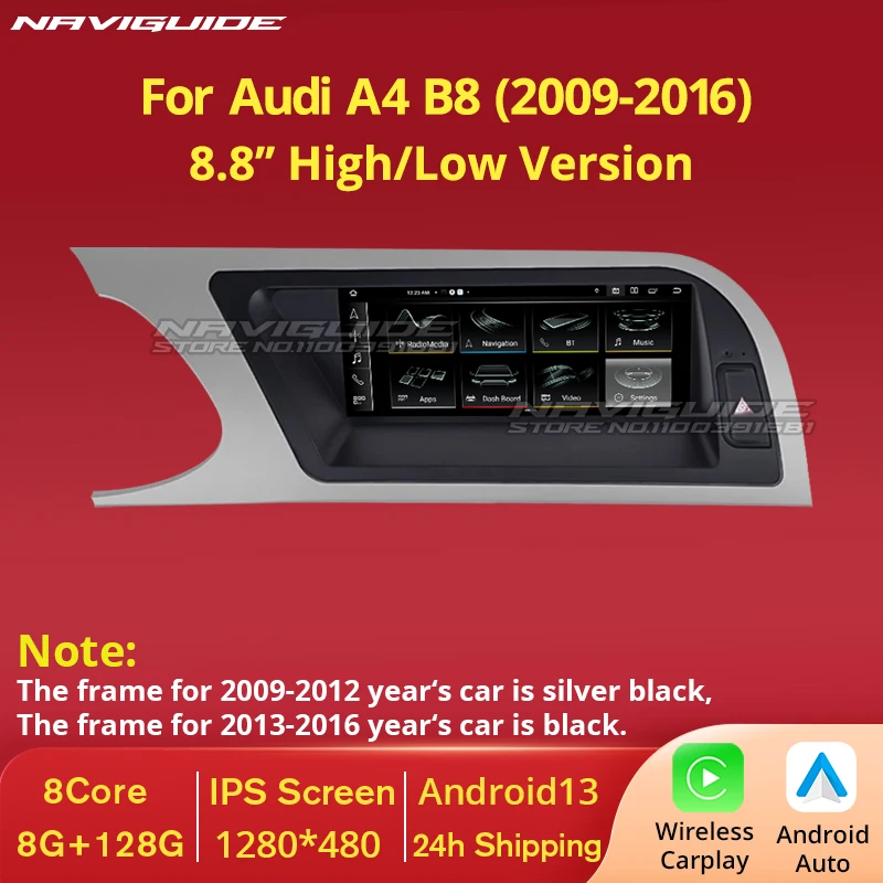 NAVIGUIDE 8.8'' Android13 Car Multimedia Player For Audi A4 B8 LHD 2009-2016 GPS Navi Auto Stereo Wireless CarPlay Auto BT DSP