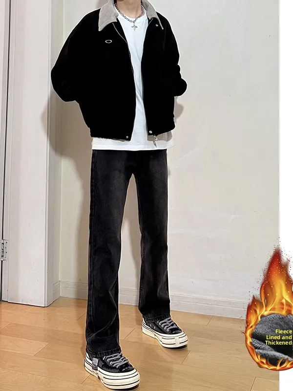 

Cleanfit Men's Fce Lined Straight Leg Jeans Trendy Bla Long Lengthening Leg Effect Winter Faion Youth Cotton Blend