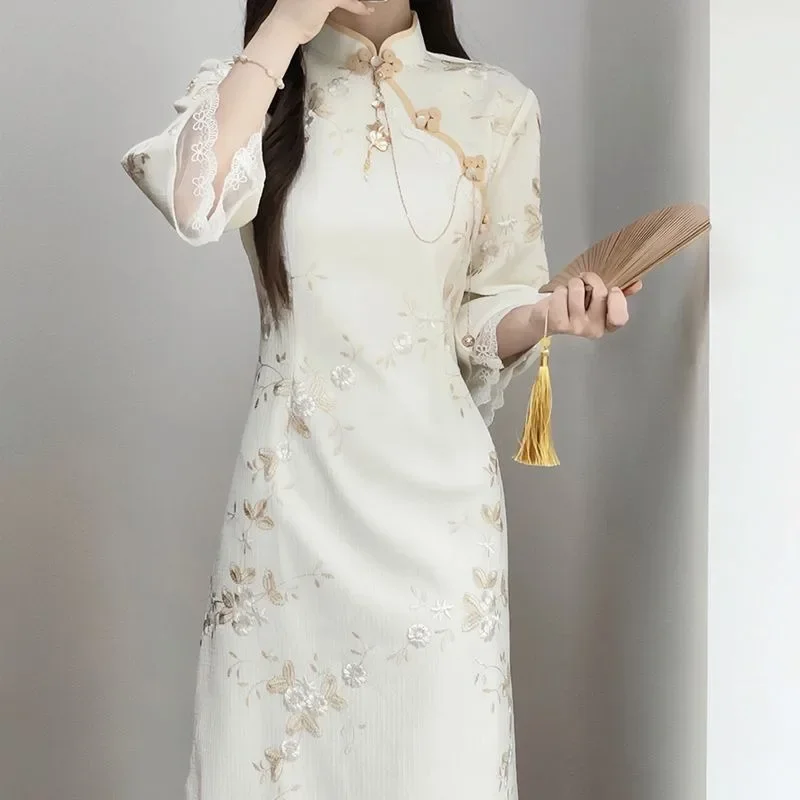 Chinese Traditional Qipao Dress Women Beige Flowers Printed Stand Collar Mid Sleeve Cheongsam Women Elegant Evening Dresses