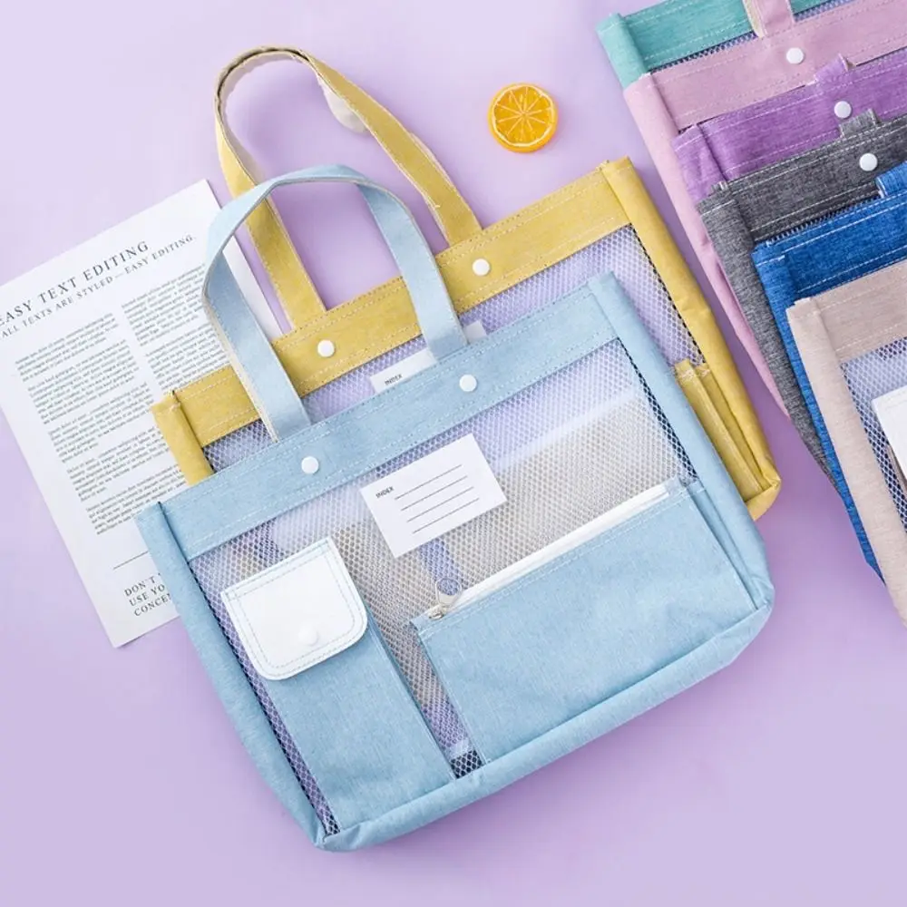 Bolsa de almacenamiento de papelería de gran capacidad, bolso plegable de Color caramelo para clase de estudiante, bolso de mano, bolsa de archivo de malla para oficina