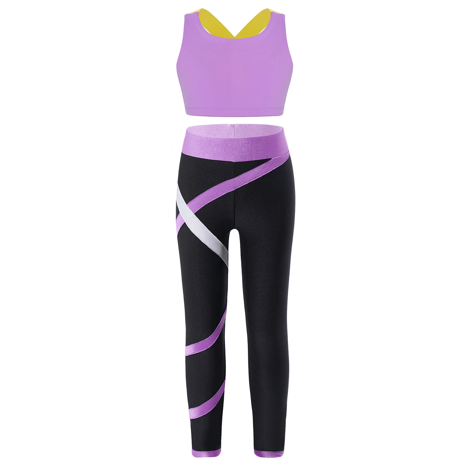 Kids Girls Athletic Sports Set Color Block Gymnastics Outfits Children's Sport Suits Yoga Pants for Dance Workout Tracksuit