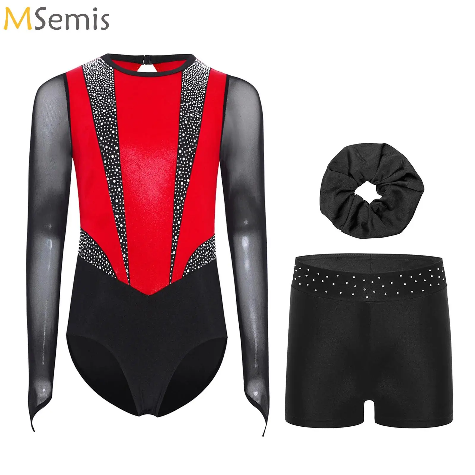 مجموعة الرقص للفتيات زي أداء التزلج على الجليد زي الجمباز الإيقاعي جيرسي الباليه كم طويل يوتار مع شورت وأغطية الرأس