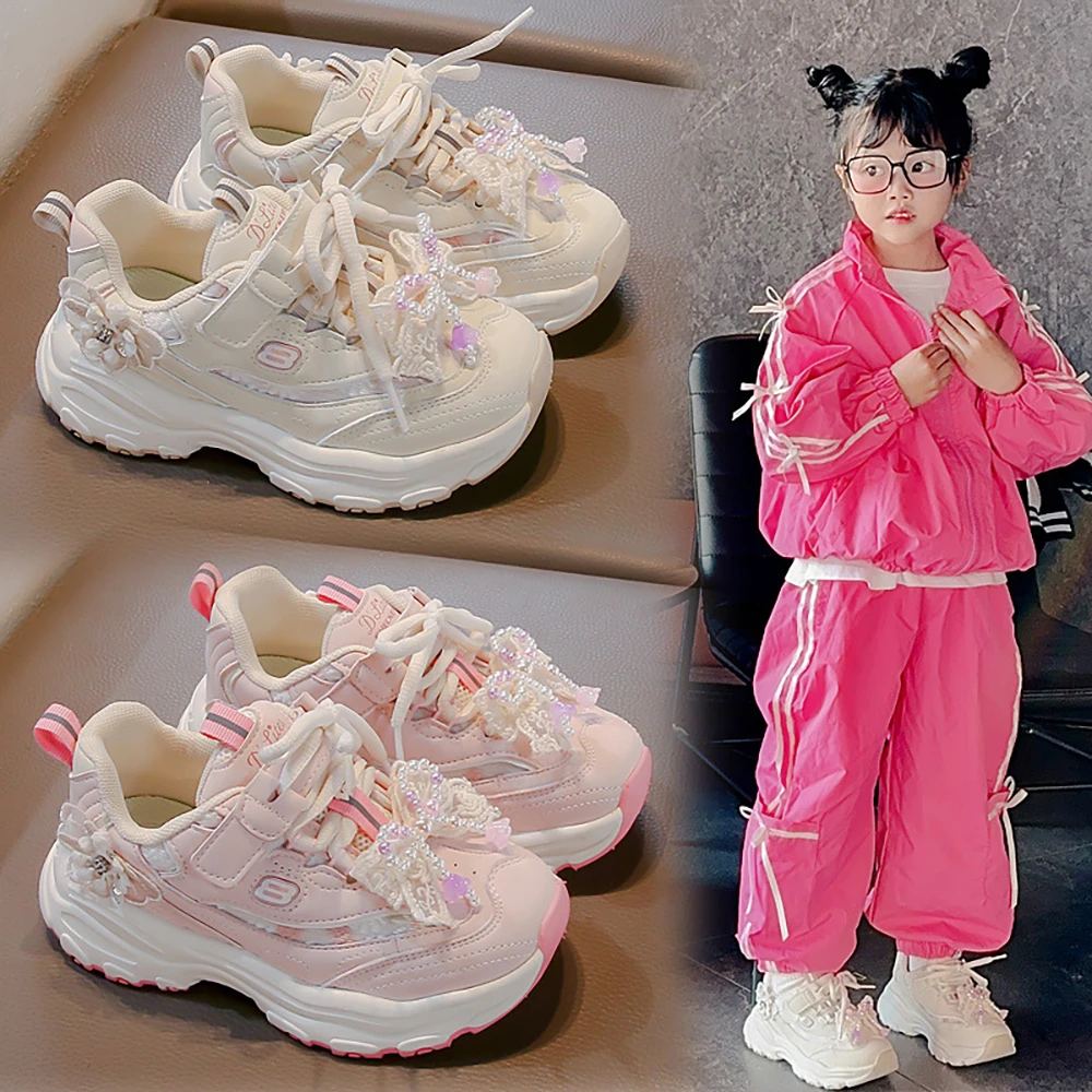 Estilo coreano tênis da menina de luxo pérola princesa sapatos para crianças sola macia respirável tênis de corrida das crianças calçados do miúdo