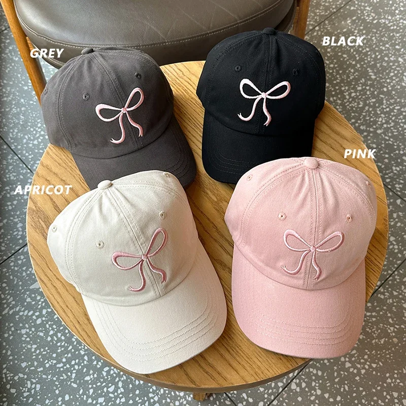 Cute Sweet Bowknot Embroidery Baseball Hat Women Soft Cotton Snapback Sun Visors Hat Solid Color Korean Girl Peaked Cap Outdoor