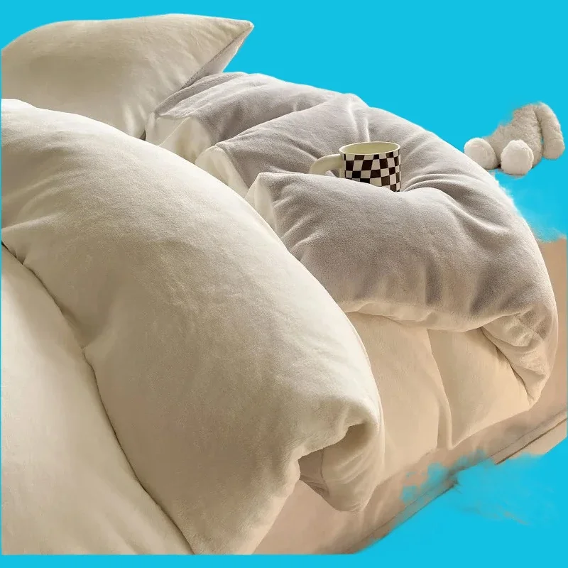 2025 new solid color double parcel milk fleece quilt set four-piece winter flange coral fleece quilt cover bed sheet set