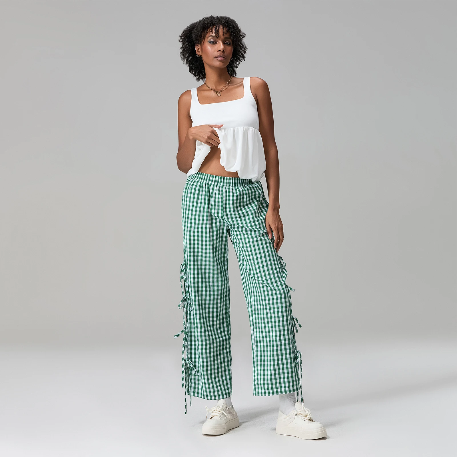 Women Wide-Leg Pants Plaid Side Tie-Up Loose Trousers Spring Summer Casual Sweatpants Casual Bottoms Pants