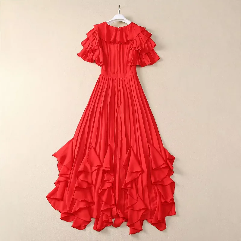 Newest Fashion Long Dress 2025 Spring Summer Party Evening Lady V-Neck Ruffle Floral Deco Short Sleeve Long Red Pink Maxi Dress