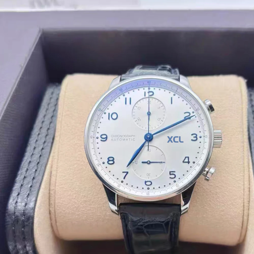 

2025 Luxury Automatic Mechanical Men's Watch, Stainless Steel, Blue Leather Sports Watch, White Portuguese Style Sapphire Glass