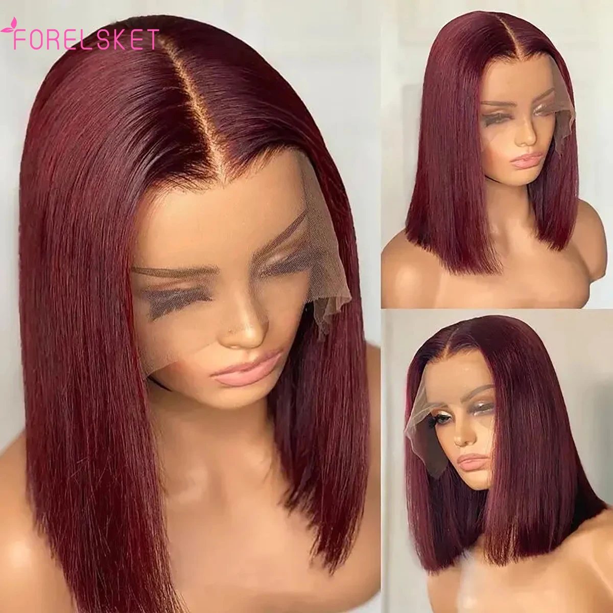 13x4 99J Short Bob Wig Human Hair Dark Red Burgundy Color Full Frontal Bob Wigs Blunt Cut Bone Straight Front For Black Woman