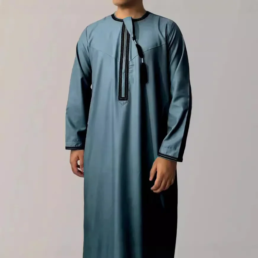 Eid Ramadan Muslim Men Long Robe Round Neck Embroidered Oman Dubai Arabian Saudi Male Jubba Thobe Adults Abayas Islamic Kamis