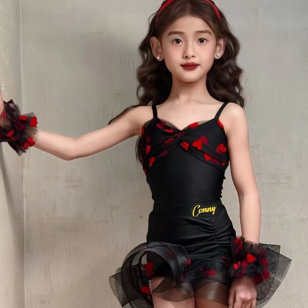 

Children's girls' Latin dance costumes, performance costumes, cute puffy princess sets, red halter girls' performance costumes