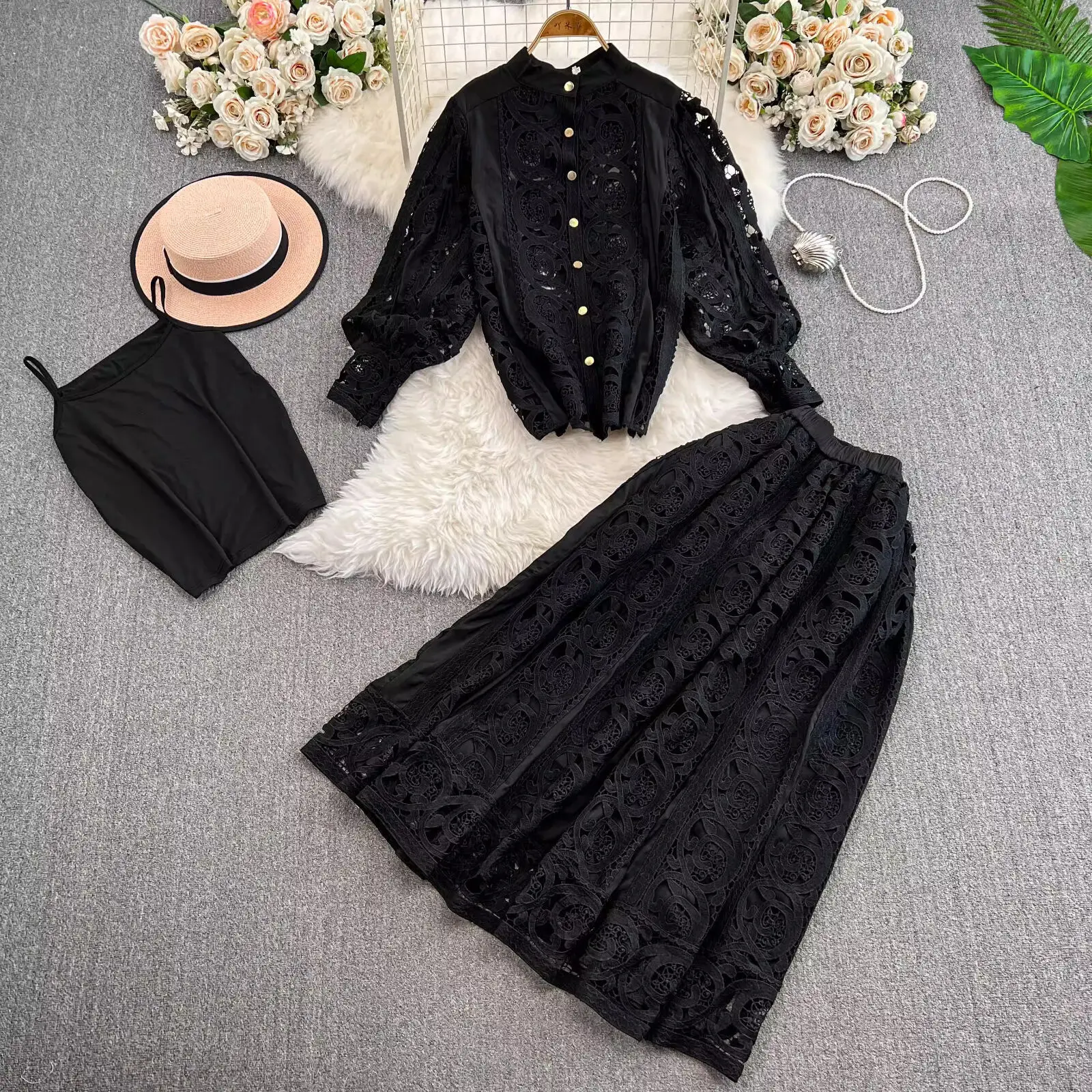 Autumn Crochet White Lace Embroidery 3 Pieces Sets Women Dress Suits Hollow Out Loose Shirt Top Elastic Waist Maxi Skirt Suit