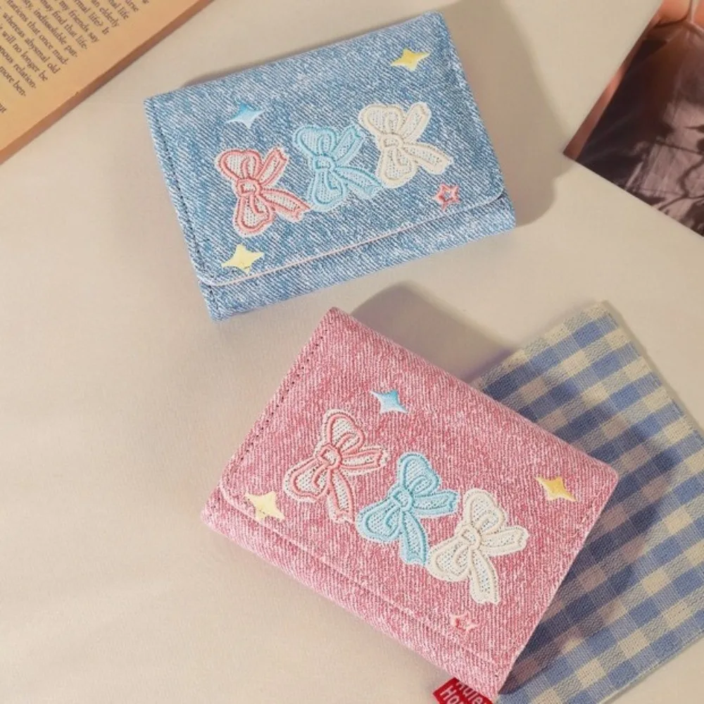 Portable Embroidery Short Wallet Denim Texture Lightweight Card Holder Multi Card Slot Foldable Wallet Women