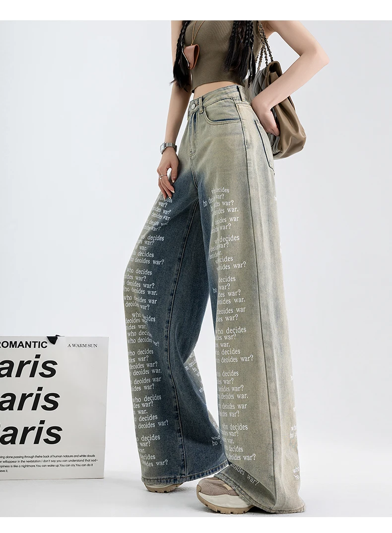Printed gradient denim wide leg pants, women's high waisted versatile floor pants, trendy pants