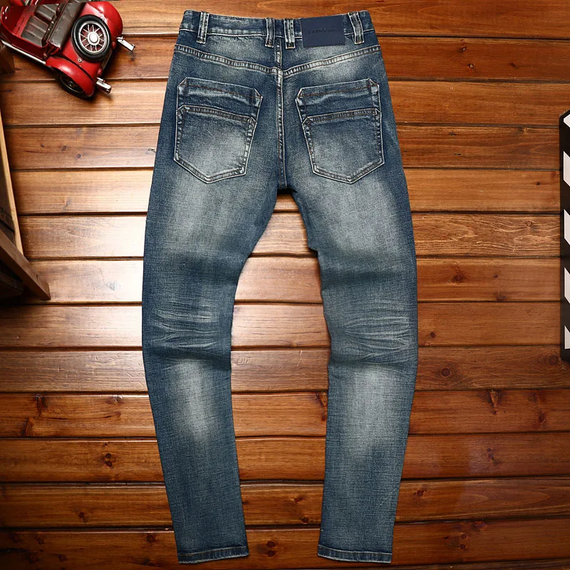 Retro make old ripped jeans men's slim straight stretch patch fashion all-match blue casual long pants men's