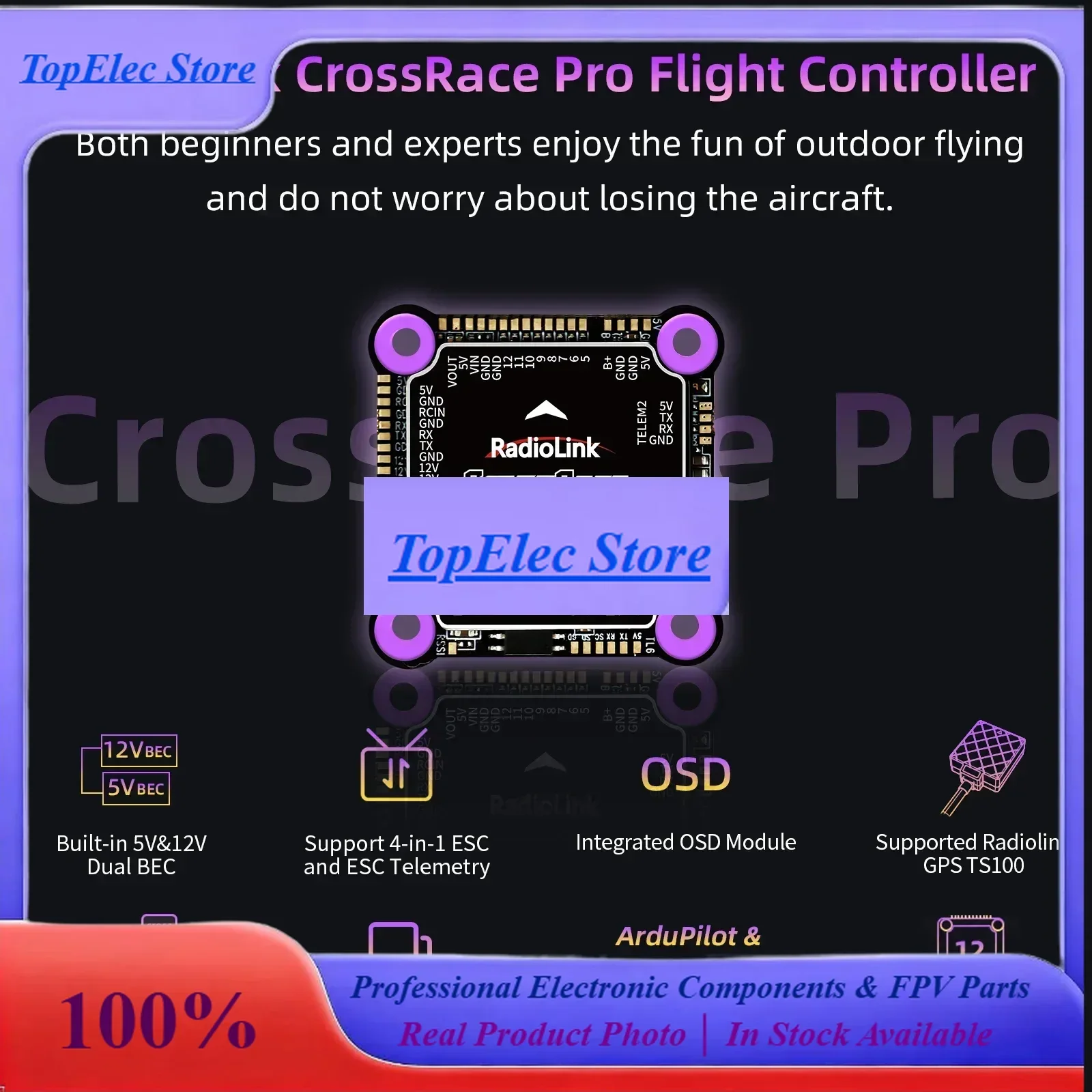ToPssRadiolink CrossRace Pro Flight Controller APM Betaflight 12CH Output, 5V 12V Dual BEC, OSD Integrate For 2-8 Axis RC FPV Dr
