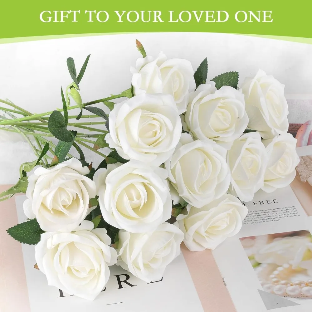 Artificial Roses in Bulk, Fake Silk Roses Realistic White Roses for Wedding Centerpieces Flower Arrangement Home Decor (50, Whit