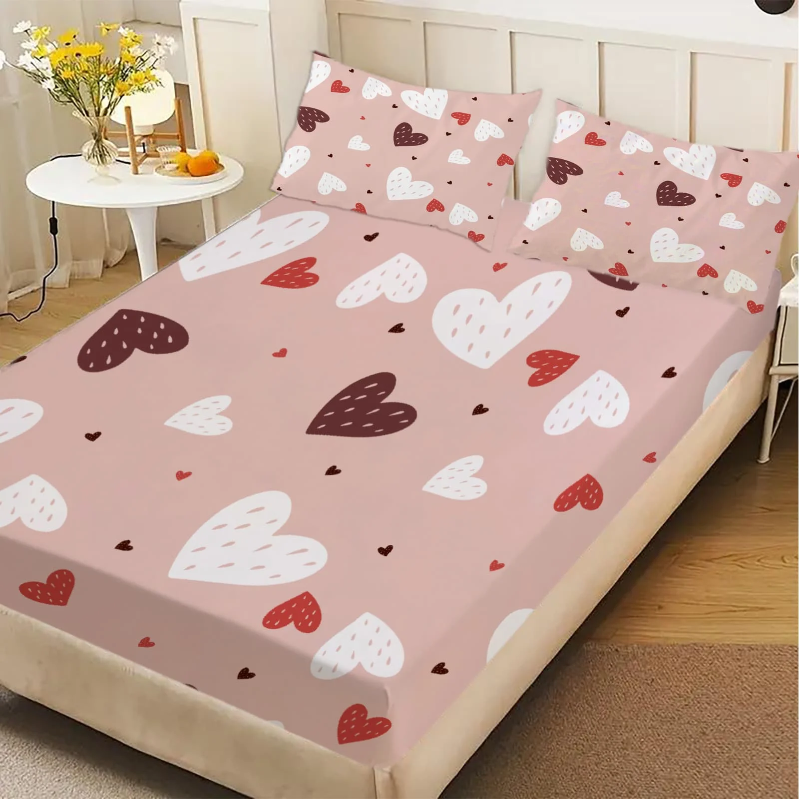 1pc Pastel Heart Doodle Print Fitted Sheet Deep Pocket Elastic Mattress Cover Single Double Queen King Bedroom Decor