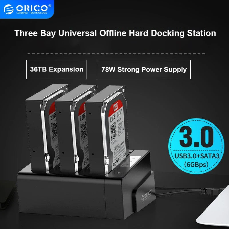 

ORICO 3 Bay Hard Drive Docking Station with Offline Clone SATA to USB 3.0 1 to 2 Dock Station for 2.5/3.5 inch HDD Support 36TB