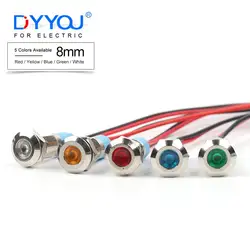 8mm Metal LED Warning indicator light Waterproof IP67 Signal Lamp Pilot with Wires 3/6/12/24/220V Red Green Blue White Yellow