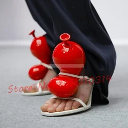 Red Balloon Leather Sandals For Women Peep Toe High Heels Elegant 2023 Shoes Causal Buckle Strap Lady Outfit Luxury Chic Sandals