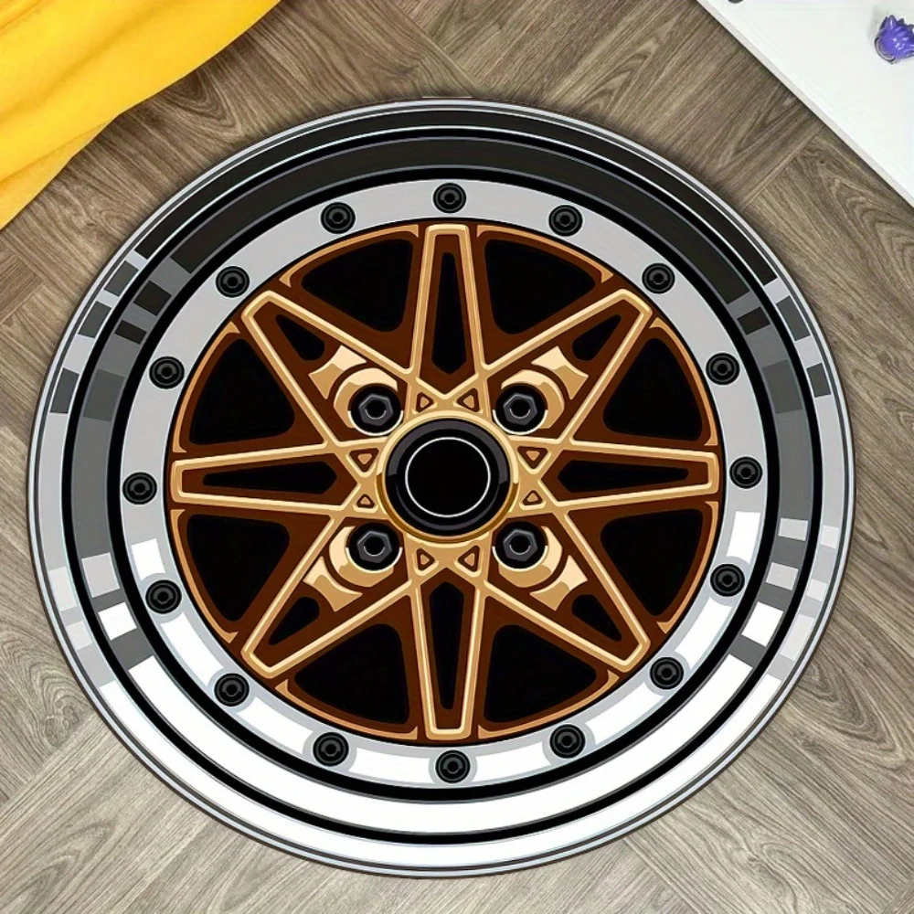 

Cartoon Tire Round Rug – Soft Washable Polyester Carpet with Metallic Rim for Living Room Bedroom Office Decor