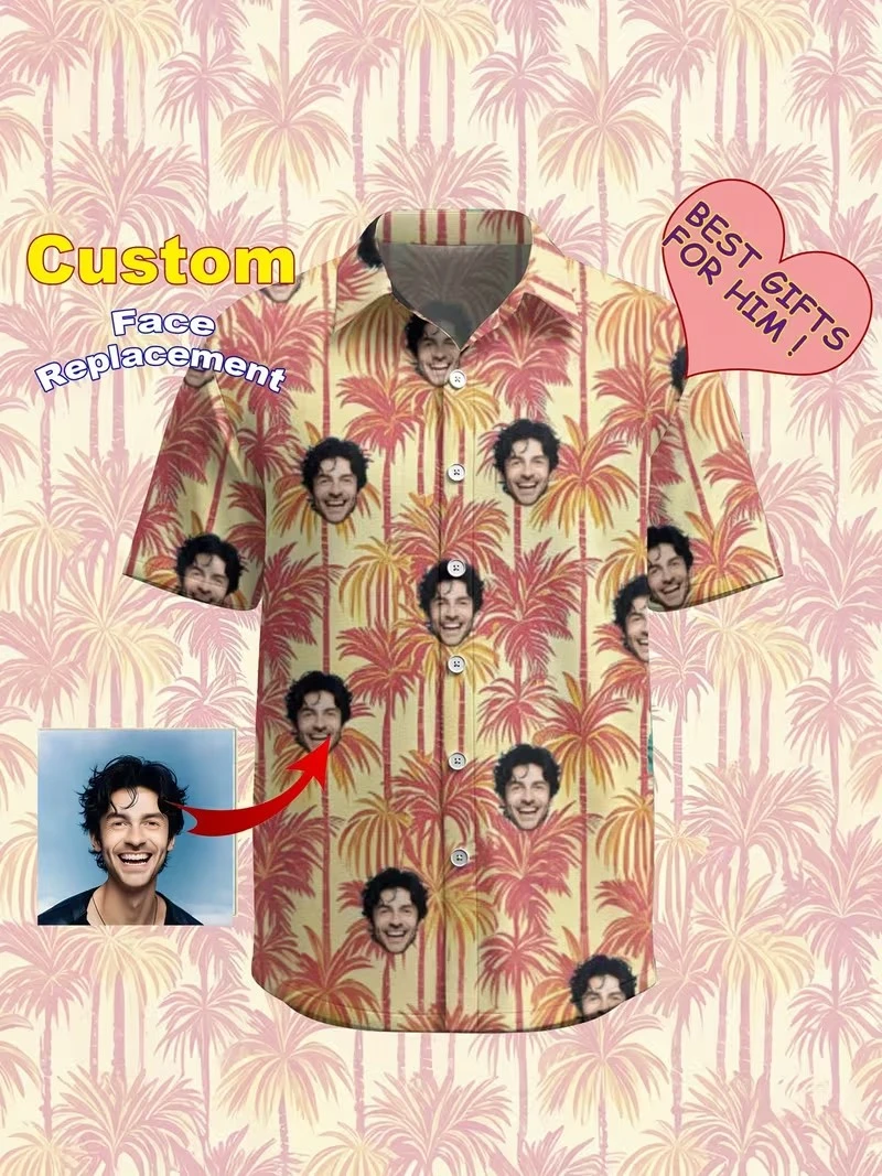 

Гавайская рубашка с индивидуальным лицом для мужчин и женщин, персонализированный Гавайский подарок для подруги, парня, блузки на пуговицах с тропическим кокосом