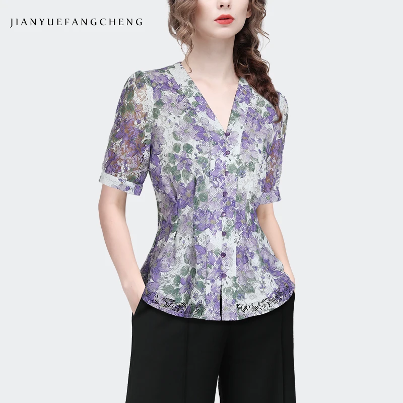 2024 Summer Full-body Purple Floral Printed Lace Top Women Short Sleeve V-Neck Elegant Skinny Printed Shirts Vintage Blouses