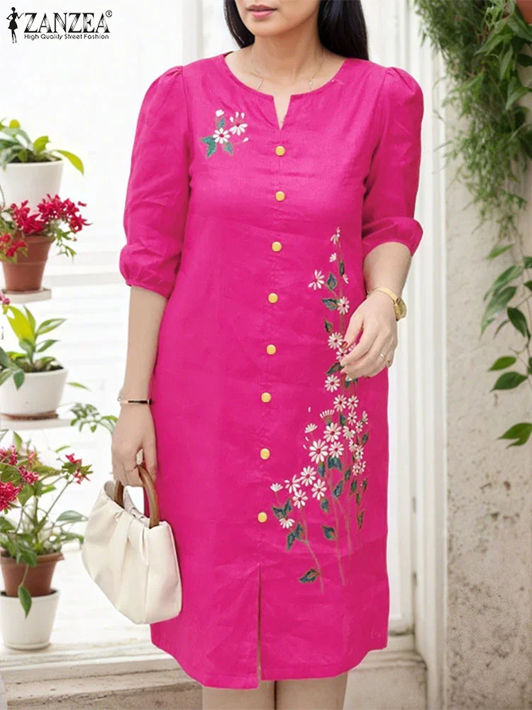 ZANZEA élégant genou longueur Robe femmes imprimé fleuri Robe d'été col en V Vintage demi manches été robes 2025 Robe décontractée