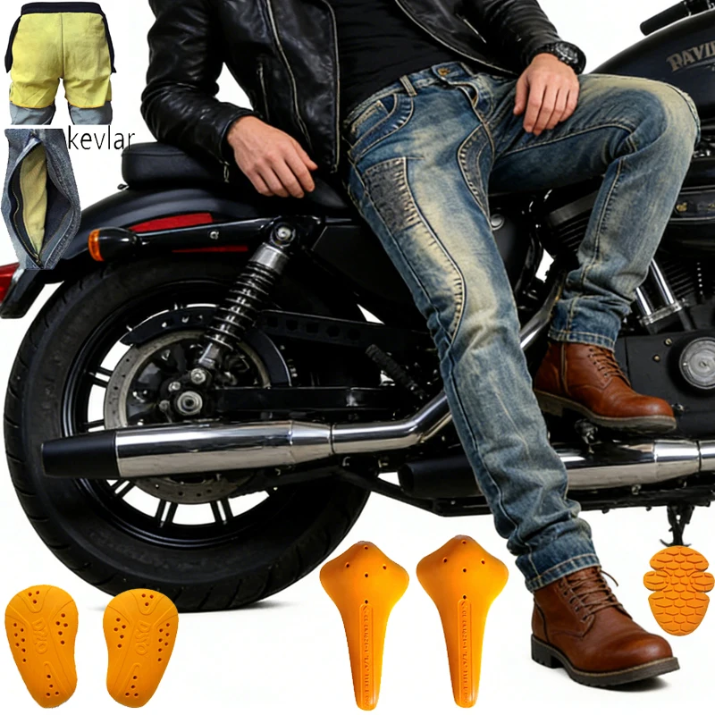 

Mens Kevlar Motorcycle Jeans Aramid Fiber Anti Fall Riding Pants Off Road Safety Retro Style Korea Japan