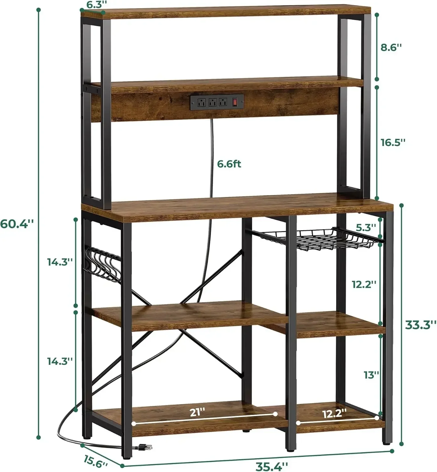 

Bakers Rack with Power Outlet, 35.4 Inches Coffee Bar with Wire Basket, Kitchen Microwave Stand with 6 S-Shaped Hooks