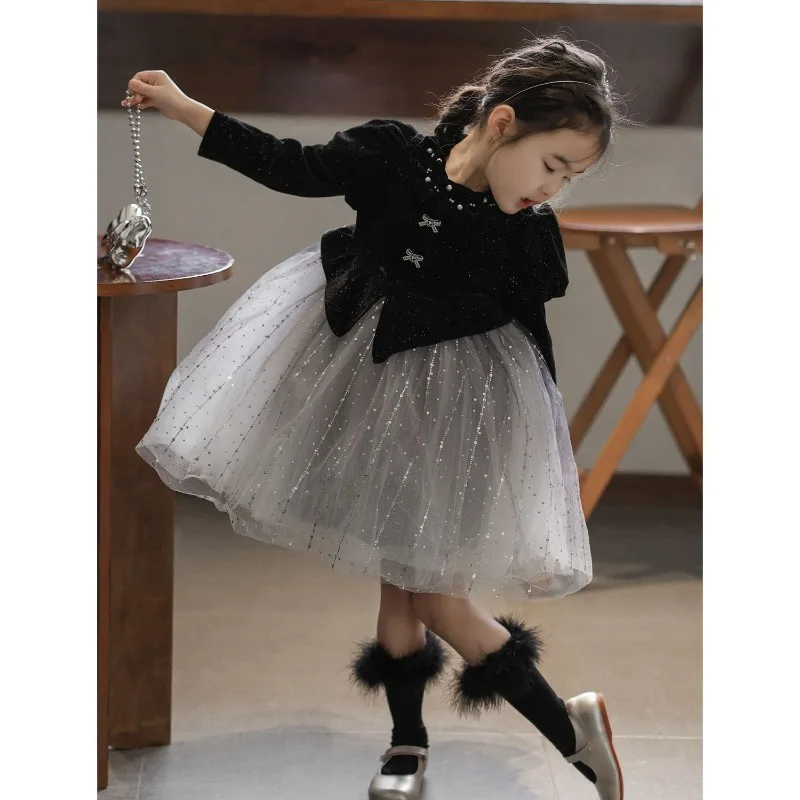 

Girls Velvet Velvet Small Black Dress Winter New Girls Sequined Gauze Performance Princess