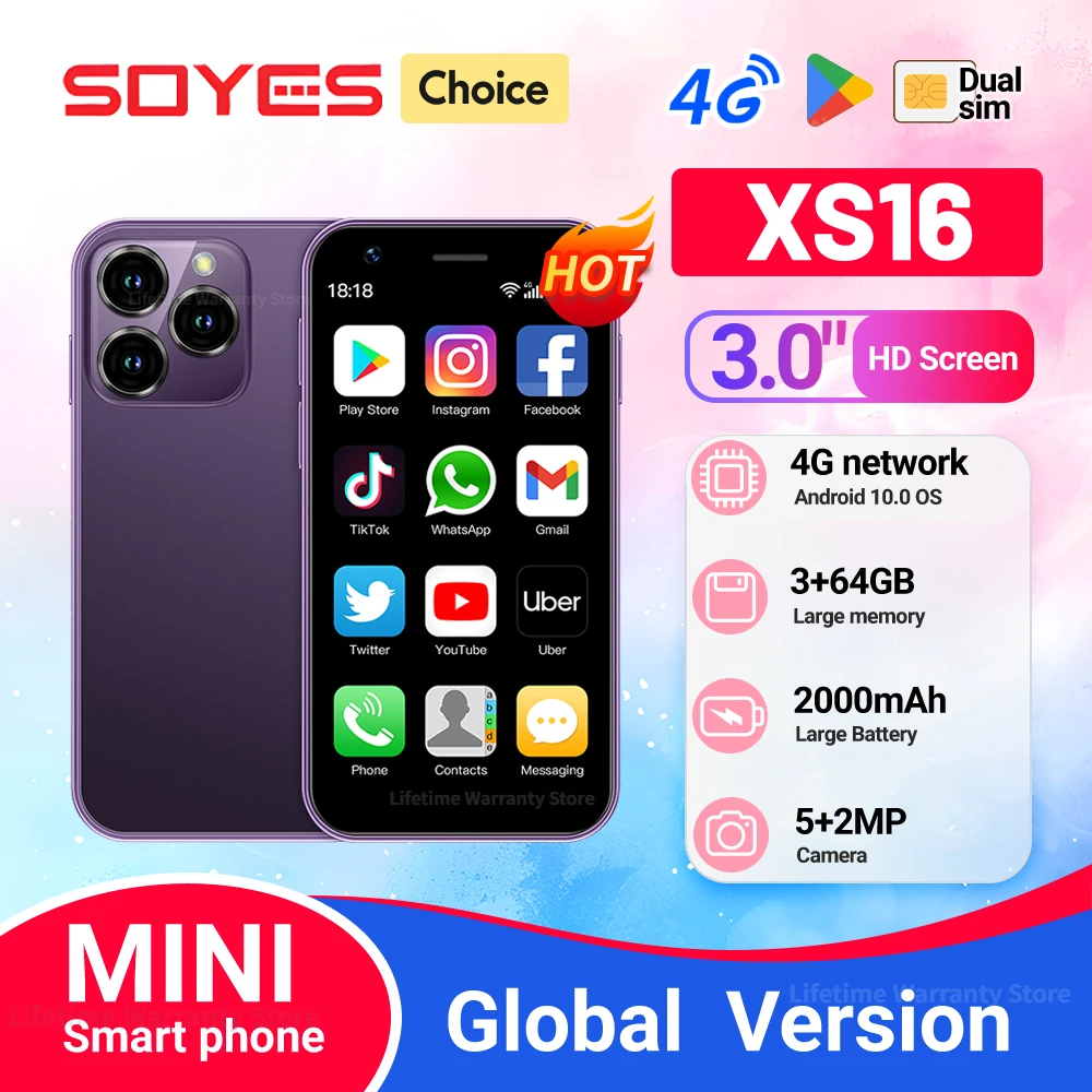 NOWY SOYES XS16 Mini 4G LTE Android10.0 Smartfon 3GB RAM 64GB ROM 3" Wyświetlacz 5MP Kamera Dual SIM Z Play Store WhatsAPP